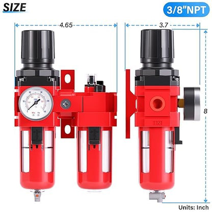TAILONZ PNEUMATIC 3/8 Inch NPT Air Filter Pressure Regulator Water/Oil Trap Separator Combo(0-150PSI),Air Tool Compressor Filter with Gauge AC3010-03M(Manual Drainage)