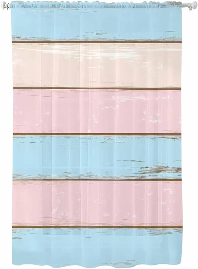 Sheer Curtains 63 Inch Length, Pink Blue Wood Grain Semi Sheer Curtains Light Filtering Window Treatment, Farmhouse Country Shabby Striped Privacy Voile Drapes for Living Room Bedroom 52x63 Inch