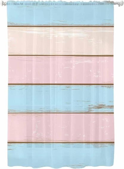 Sheer Curtains 72 Inches Long, Pink Blue Wood Grain Semi Sheer Curtains Light Filtering Window Treatment, Farmhouse Country Shabby Striped Privacy Voile Drapes for Living Room Bedroom 52x72 Inch