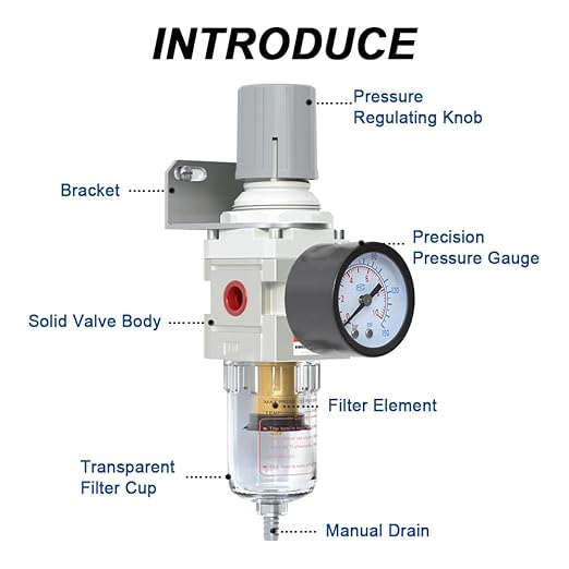 AIRZOE 1/4"NPT Air Filter Regulator Combo Piggyback,5 Micron Brass Element, Semi-Auto Drain,Air Pressure Regulator AW2000-02,0-150 psi Gauge