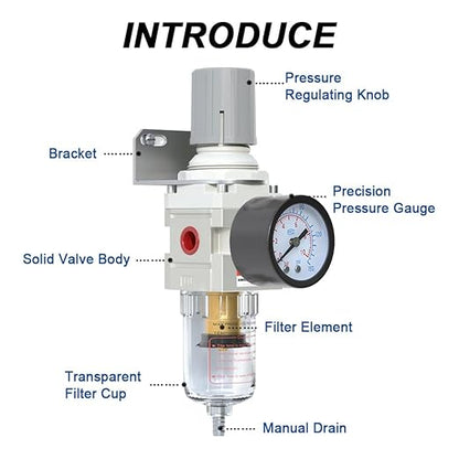 AIRZOE 1/4"NPT Air Filter Regulator Combo Piggyback,5 Micron Brass Element, Semi-Auto Drain,Air Pressure Regulator AW2000-02,0-150 psi Gauge