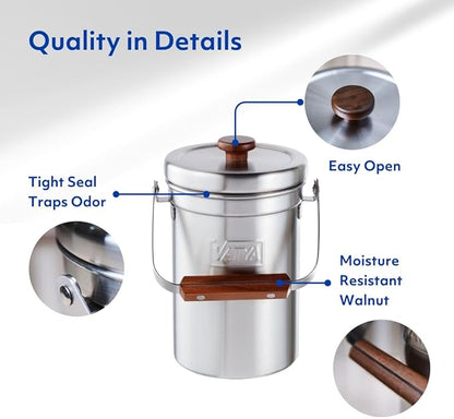 Vatya Stainless Steel Kitchen Compost Bin - NO Filter Countertop Composter, Composting Bucket, Counter Top Small Indoor Food Waste Container with Lid, Odorless Food Scrap Pail, Small 0.5 Gallon