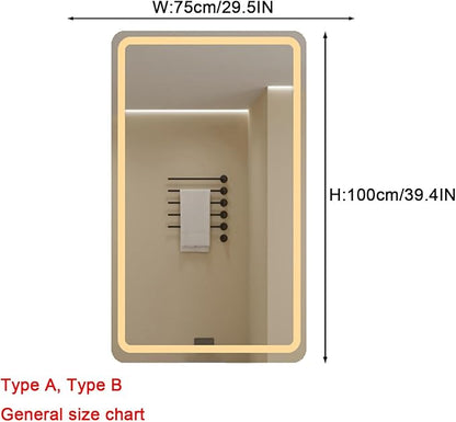 Bathroom Mirror with LED Lights,Makeup Vanity Touch Mirror with LED Lights，Backlit LED Illuminated Vertical Bathroom Mirror with Demister Heat Pad,Dimmable & 3 Colors(B,W75*H100cm/W29.5*W39.4IN)