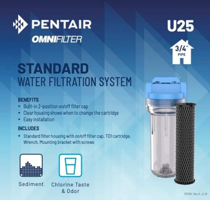 Pentair OMNIFilter U25 Filter System, 10" Standard Whole House Water Filtration System with Built-in Shut Off Valve, 3/4" NPT, Includes Housing, TO1 Cartridge, Wrench and Mounting Bracket, 5 Micron