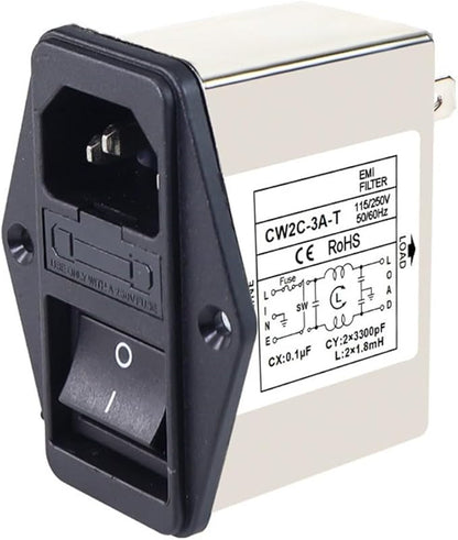 IEC Power Filter, Inlet Power Socket, IEC Socket Power Filter with Built-in Fuse and Rocker Switch, Noise Suppression, Compatible with CW2C-3A-T/CW2B-6A-T/CW2B-10A-T (CW2C-3A-T)