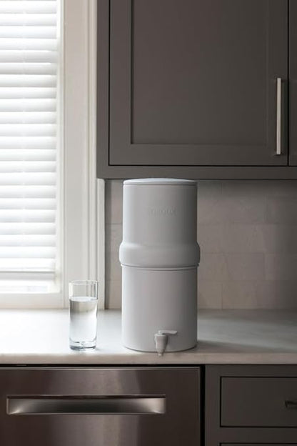Boroux Compact Gravity-Fed Countertop Stainless Steel Water Filter System | 1.8 Gallons with 2 Authentic Black Foundation. Filters | Matte White