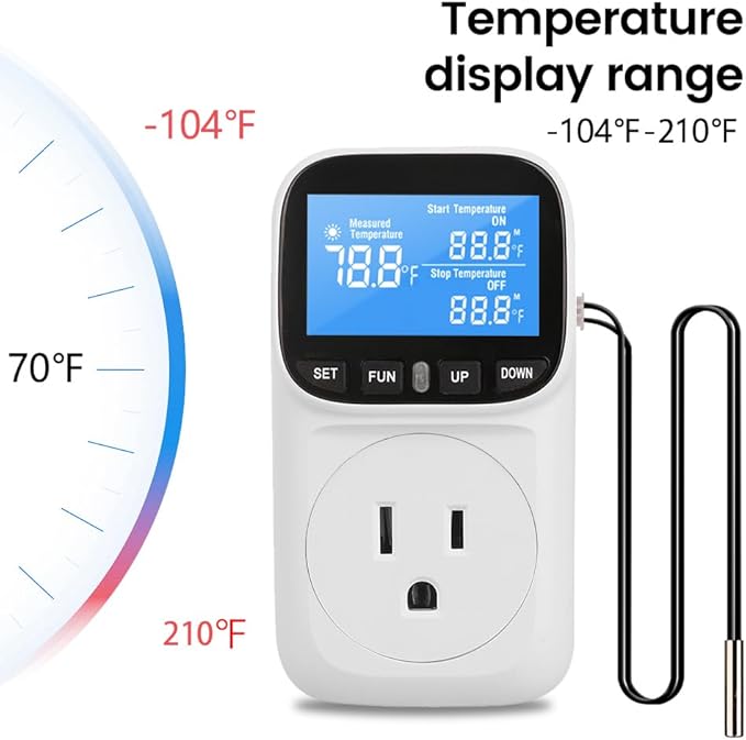 Diymore Digital Thermostat Controller, 1800W 120V/15A, -104°F to 210°F, Heating & Cooling Mode for Incubator, Greenhouse, Reptile Tank, Pool