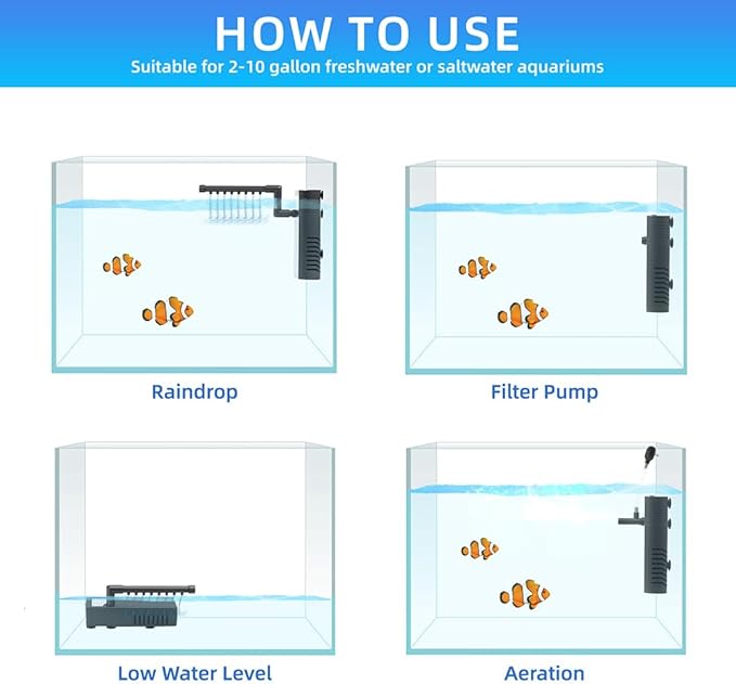 Submersible Internal Aquarium Filter Multiple Function Powerful Pump Fish Tank Filter for 2-10 Gallon Tanks 53 GPH 2.5W