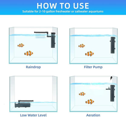 Submersible Internal Aquarium Filter Multiple Function Powerful Pump Fish Tank Filter for 10-20 Gallon Tanks 105 GPH 5W