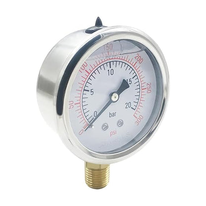 Joywayus Pressure Gauge 0-300 PSI Brass 1/4" NPT Male Thread Lower Mount, Glycerin Filled, Stainless Steel Case, Multiple Function