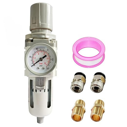 1/2" NPT Air Filter Pressure Regulator Combo Water Separator for Air Compressor Line Semi-Auto Drain 5 Micron Brass Element 0-150 psi Gauge