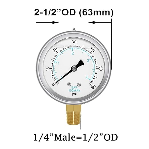Joywayus Pressure Gauge 0-60 PSI Brass 1/4" NPT Male Thread Lower Mount, Glycerin Filled, Stainless Steel Case, Multiple Function