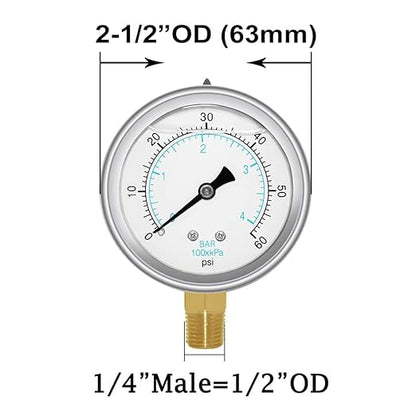 Joywayus Pressure Gauge 0-60 PSI Brass 1/4" NPT Male Thread Lower Mount, Glycerin Filled, Stainless Steel Case, Multiple Function