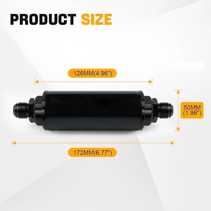 BARTOO Universal 50MM 100 Micron Inline Fuel Filter with 6AN 8AN 10AN Adapter For Filtering Gasoline, Diesel, E85-Black