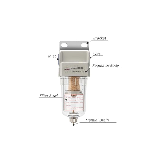 Air Compressor Water Separator 1/4”NPT,Compressed Air Line Filter,Air Dryer for Compressor AF2000-02,5 Micron Brass Element,Manual Drain,Bracket