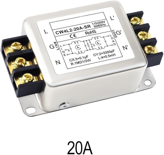Single-Phase Two-Stage Power Supply Filter for Industrial Equipment — Conducted Noise Suppressor, Compact Chassis Mount, Alloy Housing, 250V, 3A/6A/10A/20A(20A)