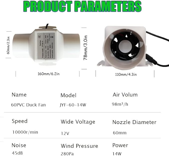 14W 2.3Inches Duct Inline Fan 60mm Mini Intake Fume Extractor Low Noise 57CFM Air Circulation Vent Blower for Fan Filter Grow Tent Ceiling Wall (Color : Adjustable Speed)