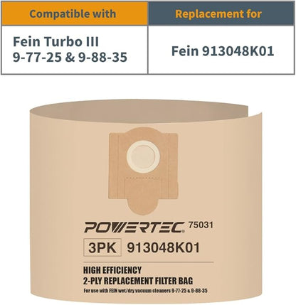 POWERTEC Shop Vacuum Bags 3PK for Fein 913048K01, 69908195016 Vacuum Bag, Replacement Filter Bags for Fein Turbo III 9-77-25, 9-88-35 Wet/Dry Vac Dust Collection Bags, Shop Vacuum Accessories for Fein