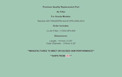 Replacement Air Filter Element Cleaner For Honda Rancher 420 TRX420FPA 4x4 AT EPS 09-14 2QTY