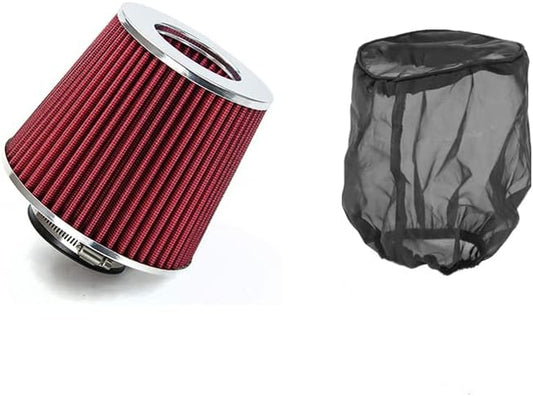 Red Cold Air Intake Cone Replacement Performance Washable Clamp-on Dry Filter with Sock Protective Cover Mesh Dustproof Bag (3")