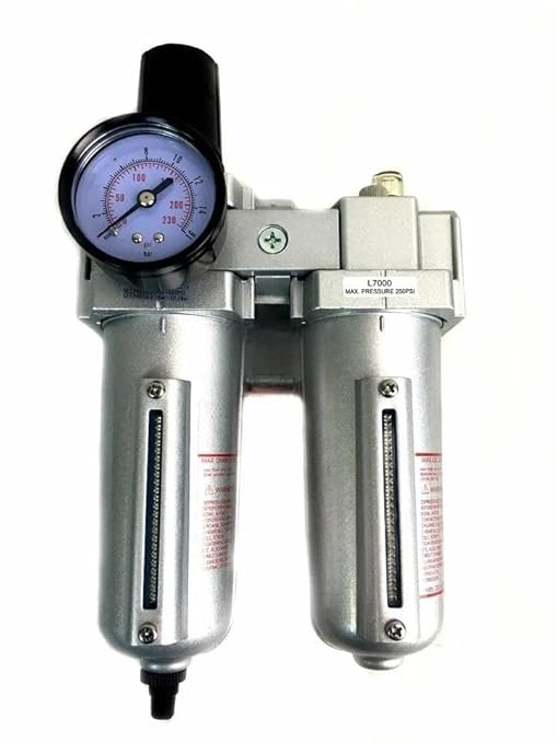 FRL724NA 1/2" Air Moisture Filter Regulator Oiler Separator Lubricator Combo Auto Drain- for Compressed Air Treatment- Particulate Filter Combo- 140 CFM Flow Rate 250 PSI Input, 175 PSI Output 5.1 oz