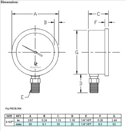 2-1/2" Oil Filled Vacuum Pressure Gauge - Stainless Steel Case, Brass, 1/4" NPT, Lower Mount Connection, 30HG/100PSI