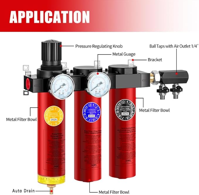 NANPU Z Series 3-Stage Air Filtration System - Sintered, Fine, & Charcoal Filters, 3/8" NPT Inlet, 1/4" NPT Outlet Module, 0-230 psi Gauge, 127 CFM @ 6 bar, Metal Housing, Auto Drain