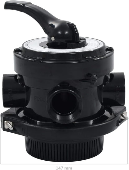 vidaXL 4-way Multiport Valve for Pool Sand Filter - 1.5” Fitting Connectors, ABS Material, With Pressure Gauge - Top-mount - Easy-to-use Lever-action Handle - Black