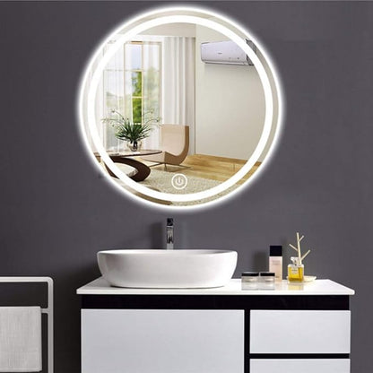 Round Waterproof LED Bathroom Wall Makeup Mirrors with White Light Sensor Touch Control and Demister Pad (Color : with Frame Size : 70cm) (Without Frame 80cm)