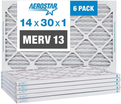 Aerostar 14x30x1 MERV 13-6 Count - Pleated Furnace & Air Conditioner Filters - Removes Bacteria, Dust, Cold & Flu Germs, Lint, Mold, Pet Dander, Allergy-Causing Pollen, Smog, Smoke & Viruses