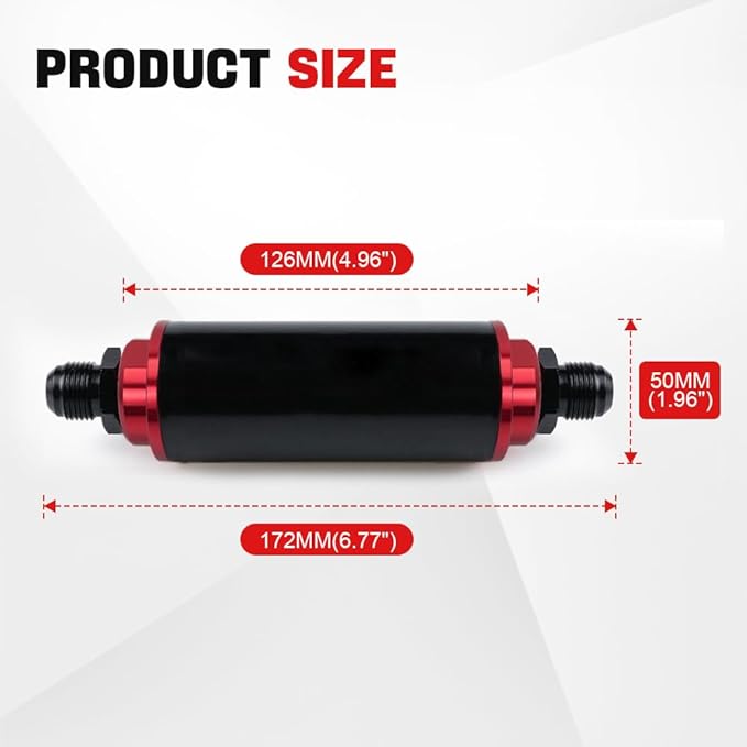 BARTOO Universal 50MM 100 Micron Inline Fuel Filter with 6AN 8AN 10AN Adapter For Filtering Gasoline, Diesel, E85-Red