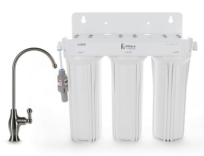 iFilters U300 3 Stage Under Sink Drinking Water Filtration System, Tankless, High Capacity Filters, Designer Faucet