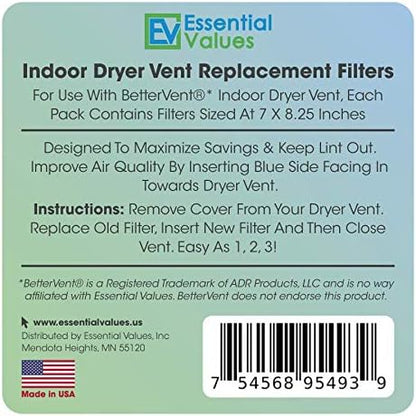 Essential Values 18 Pack Compatible Replacement Filters (90 Dryer Loads Total) Compatible with Bettervent Indoor Dryer Vent