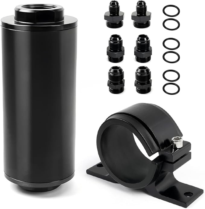 BARTOO 100 Micron Inline Fuel Filter with 6AN 8AN 10AN Adapter and 50MM Mounting Bracket For Filtering Gasoline, Diesel, E85(Black)