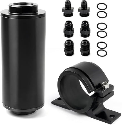 BARTOO 100 Micron Inline Fuel Filter with 6AN 8AN 10AN Adapter and 50MM Mounting Bracket For Filtering Gasoline, Diesel, E85(Black)