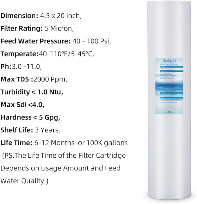 Geekpure Whole House PP Sediment and Carbon Block Replacement Filters -4.5 x 20 Inch -5 Micron-Pack of 4