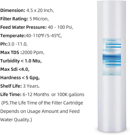 Geekpure Whole House PP Sediment and Carbon Block Replacement Filters -4.5 x 20 Inch -5 Micron-Pack of 4