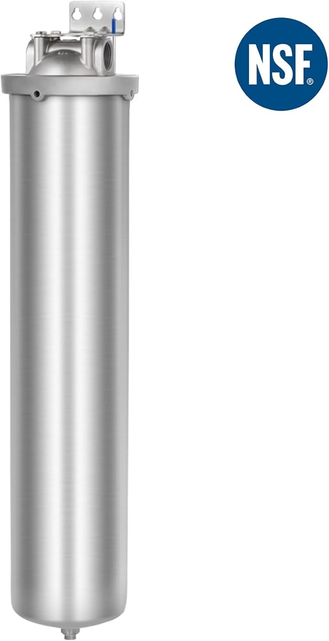 Amwater NSF/ANSI 42 Certification Big+ Stainless Steel Filter Housing for 20”Length,4.5"OD Filter Cartridge, Drain Valve Style C (Square Head)