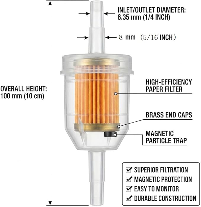 Gas Inline Fuel Filters with magnet for Kawasaki Kohler Briggs & Stratton John Deere 1/4 Inch x 5/16 Inch (Pack of 10)