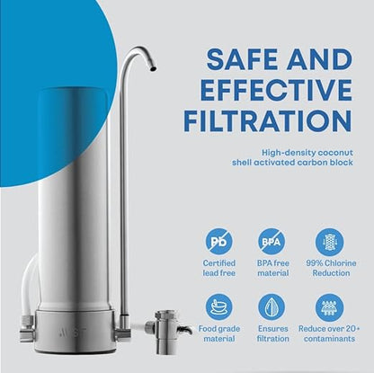 Mist Countertop Water Filter, 5-Stage Water Filtration System Countertop Technology, 8000 Gallon Capacity, Stainless Steel, Reduces Heavy Metals, Chlorine, Bad Taste & Odor (1 Filter Included)