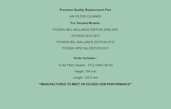 Replacement Air Filter Cleaner For Yamaha YFZ450V 2006-07 YFZ450X 10-11 YFZ450Xse 2011
