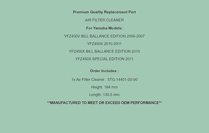 Replacement Air Filter Cleaner For Yamaha YFZ450V 2006-07 YFZ450X 10-11 YFZ450Xse 2011