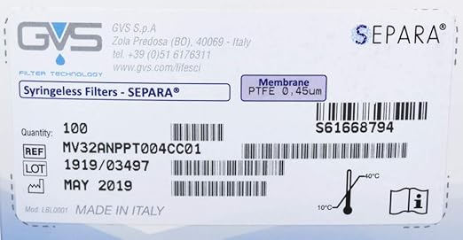 GVS Filter Technology, Separa® Syringeless Filter Vial, PTFE Membrane, 0.45µm, 100/pk