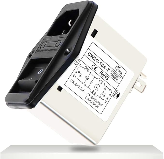IEC Power Filter, Inlet Power Socket, IEC Socket Power Filter with Built-in Fuse and Rocker Switch, Noise Suppression, Compatible with CW2C-3A-T/CW2B-6A-T/CW2B-10A-T (CW2C-10A-T)