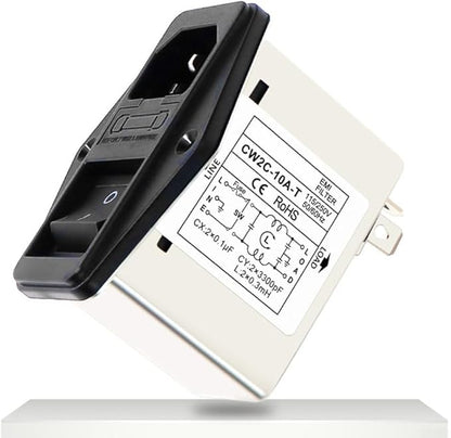 IEC Power Filter, Inlet Power Socket, IEC Socket Power Filter with Built-in Fuse and Rocker Switch, Noise Suppression, Compatible with CW2C-3A-T/CW2B-6A-T/CW2B-10A-T (CW2C-10A-T)
