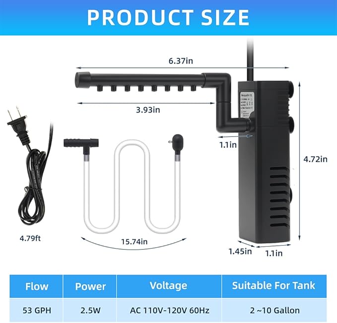 Submersible Internal Aquarium Filter Multiple Function Powerful Pump Fish Tank Filter for 2-10 Gallon Tanks 53 GPH 2.5W