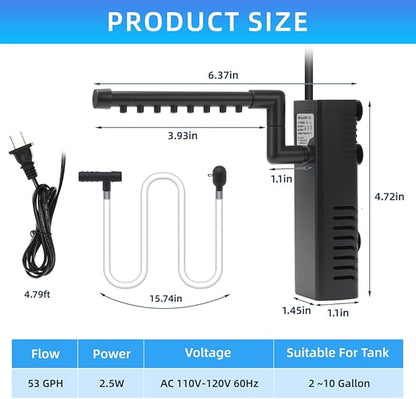 Submersible Internal Aquarium Filter Multiple Function Powerful Pump Fish Tank Filter for 2-10 Gallon Tanks 53 GPH 2.5W