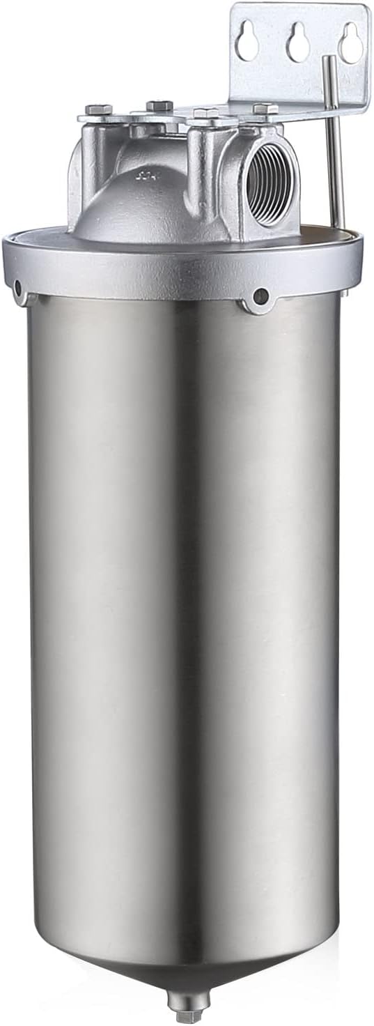 Amwater NSF/ANSI 42 Certification Jumbo Stainless Steel Filter Housing for 10”Length,4.5"OD Filter Cartridge, 1NPT Inlet and Outlet, Drain Valve Style C (Square Head)