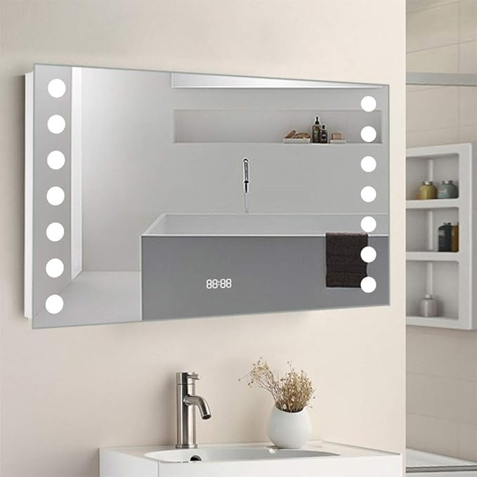 80x60cm LED Bathroom Mirror with Lights Bathroom Mirror with Demister Pad Shaver Socket for Makeup Cosmetic Shaving Wall Mounted…