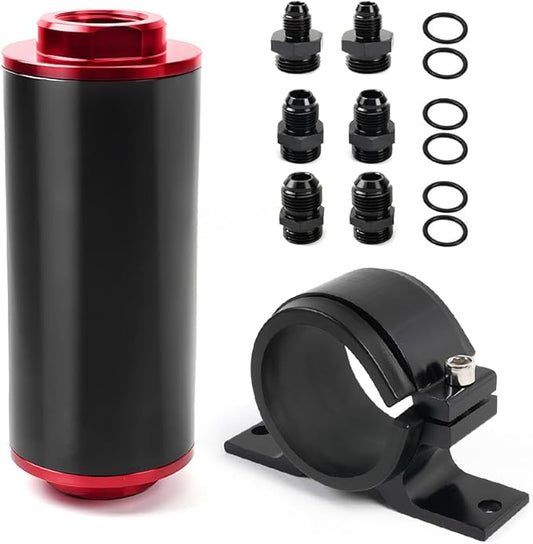 BARTOO 100 Micron Inline Fuel Filter with 6AN 8AN 10AN Adapter and 50MM Mounting Bracket For Filtering Gasoline, Diesel, E85(Red)